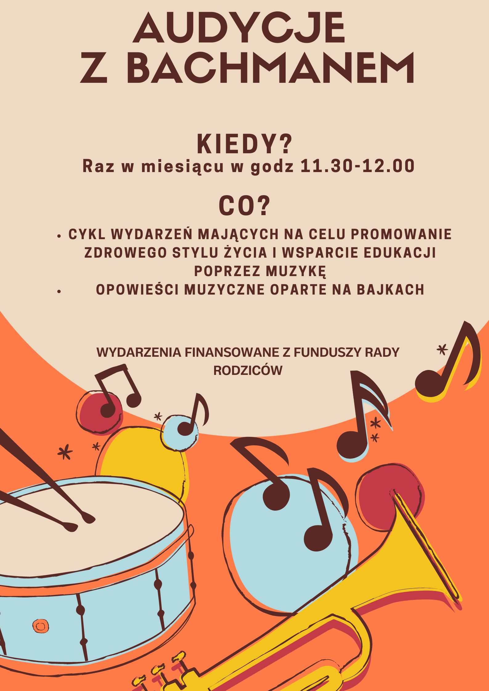 Pomarańczowy plakat z informacjami o wydarzeniach