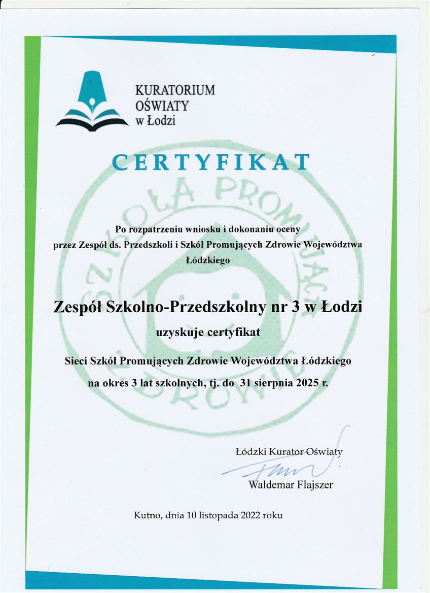 Certyfikat Sieci Szkół Promujących Zdrowie Województwa Łódzkiego