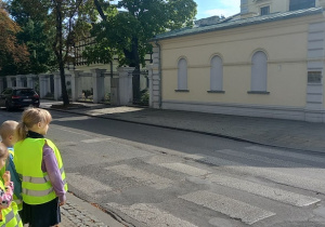 Przedszkolaki czekją na przejściu dla pieszych