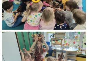 Dzieci z Panią Jesień biorą udział w zabawach sensorycznych z darami jesieni