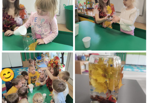 Dzieci z pomocą Pani Jesień tworzą jesienne drzewo w słoiku