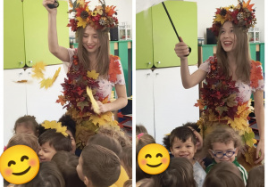 Pod parasolką Pani Jesień rozsypuje na dzieci barwne liście niczym jesienny deszcz