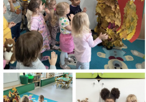 Wspólne dekorowaniw jesiennej postaci liśćmi i radość z efektu pracy