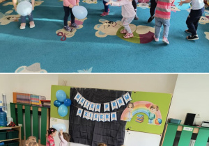 Dzieci podrzucają balony oraz tańczą w parach z balonami