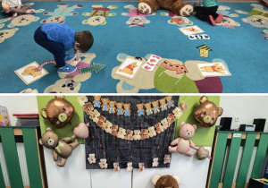 Dzieci z radością pokonują ścieżkę ruchową ułożoną z kart przedstawiających różne aktywności misia