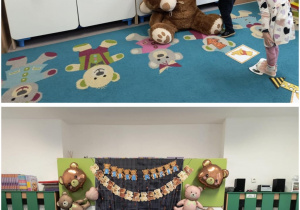 Przedszkolaki przechodzą po ścieżce ruchowej wykonując zadania oznaczone obrazkami misia