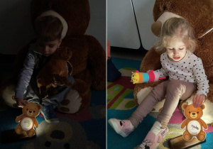Zabawa latarkowa - dzieci sprawdzają co kryje brzuszek misia