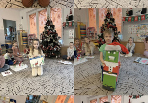 Dzieci pokazuję swoje prace konkursowe