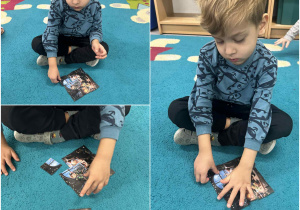 Chłopiec układa obrazek z części