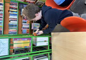 Chłopiec układa książki na półce