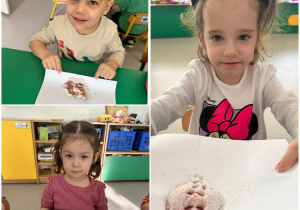 Dzieci prezentują swoje prace plastyczne wykonane z masy sensorycznej