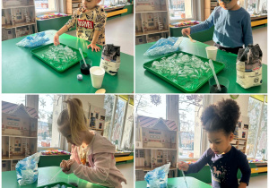 Dzieci przeprowadzają eksperyment pt. ,,Topniejący bałwanek''