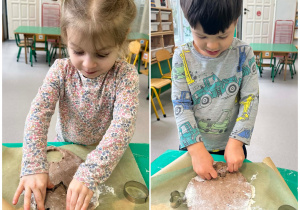 Dziewczynka i chłopiec wycinają kształty z piernikoliny przy użyciu foremek