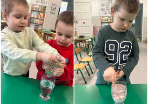 Po lewej stronie obrazka chłopcy wlewają oliwkę do szklanki z wodą, po prawej chłopiec wsypuje brokat do szklanki z wodą i farbą