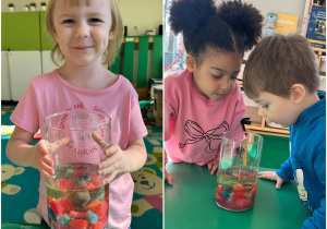 Po lewej stronie obrazka dziewczynka trzyma naczynie z wykonanym eksperymentem, po prawej dziewczynka i chłopiec obserwują wykonany eksperyment